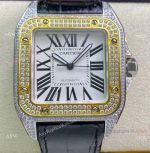 Swiss Quality Iced Out Cartier Santos De Watch Two Tone Sapphire Crystal